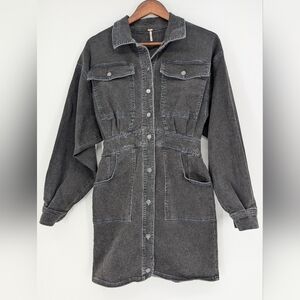Free People Bo Midnight Black Denim Mini Shacket Dress XS Button Front Pockets